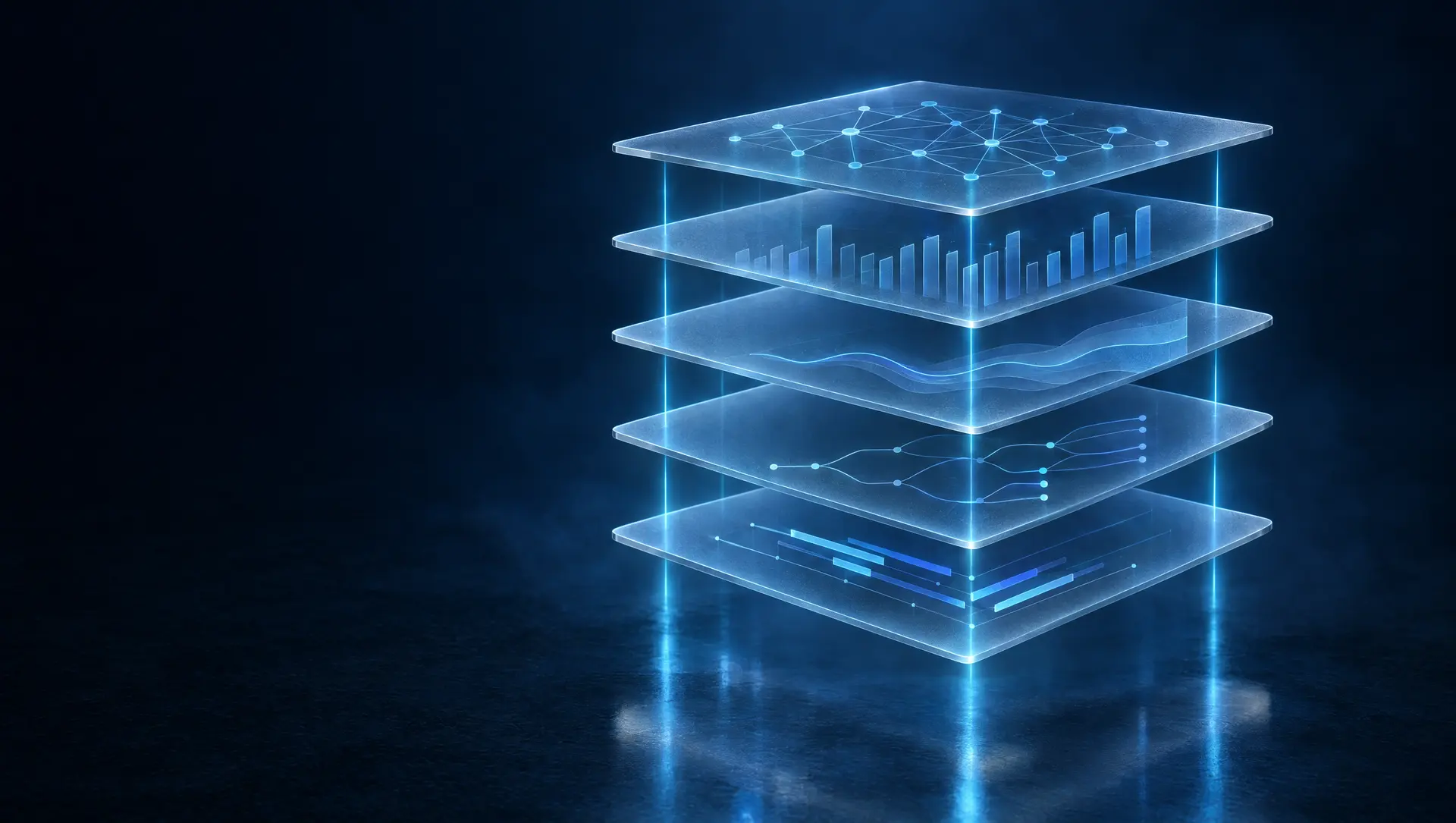 Five translucent layers, one per module, connected by threads of light